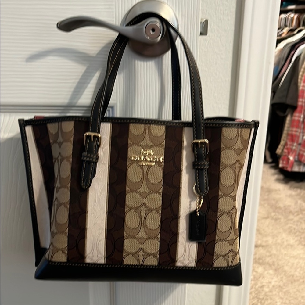 Coach Signature Stripe Tote Bag - Brown and Black
